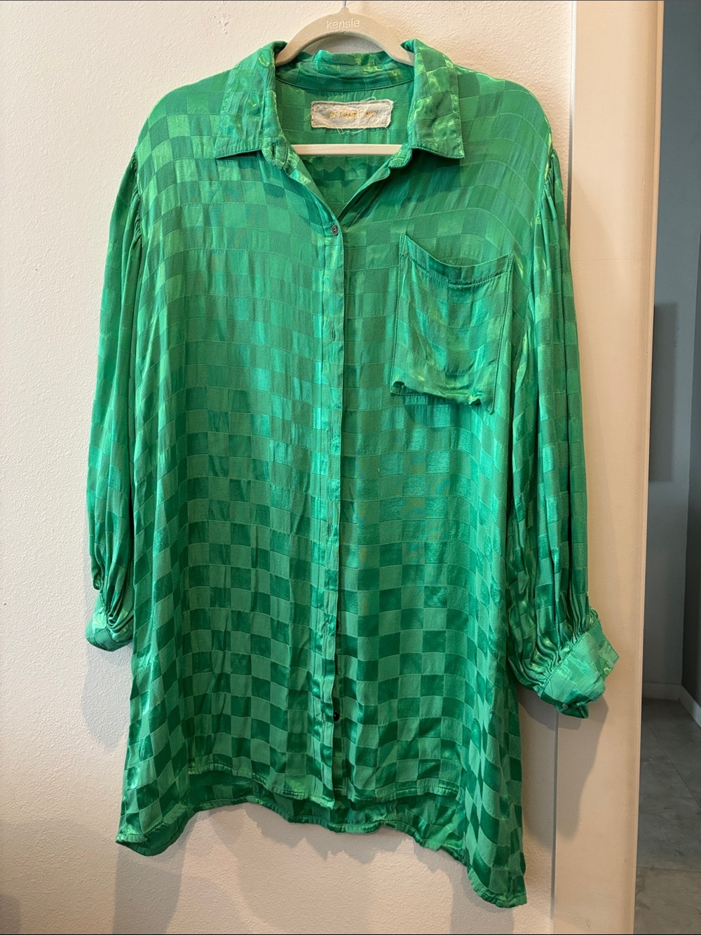 Jen’s Pirate Booty Ambassador Green Satin Check-Pattern Button-Up Tunic Shirt